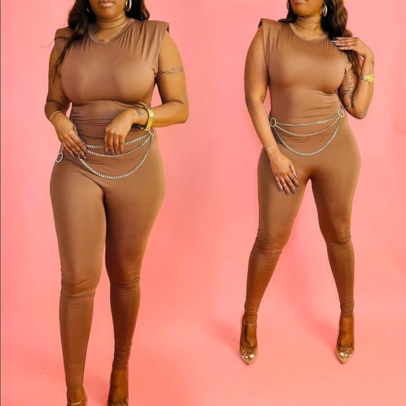 J. ELISE BOUTIQUE FITTED BODYCON COFFEE POWER SHOULDER SLEEVELESS SOLID JUMPSUIT - Picture 4 of 6